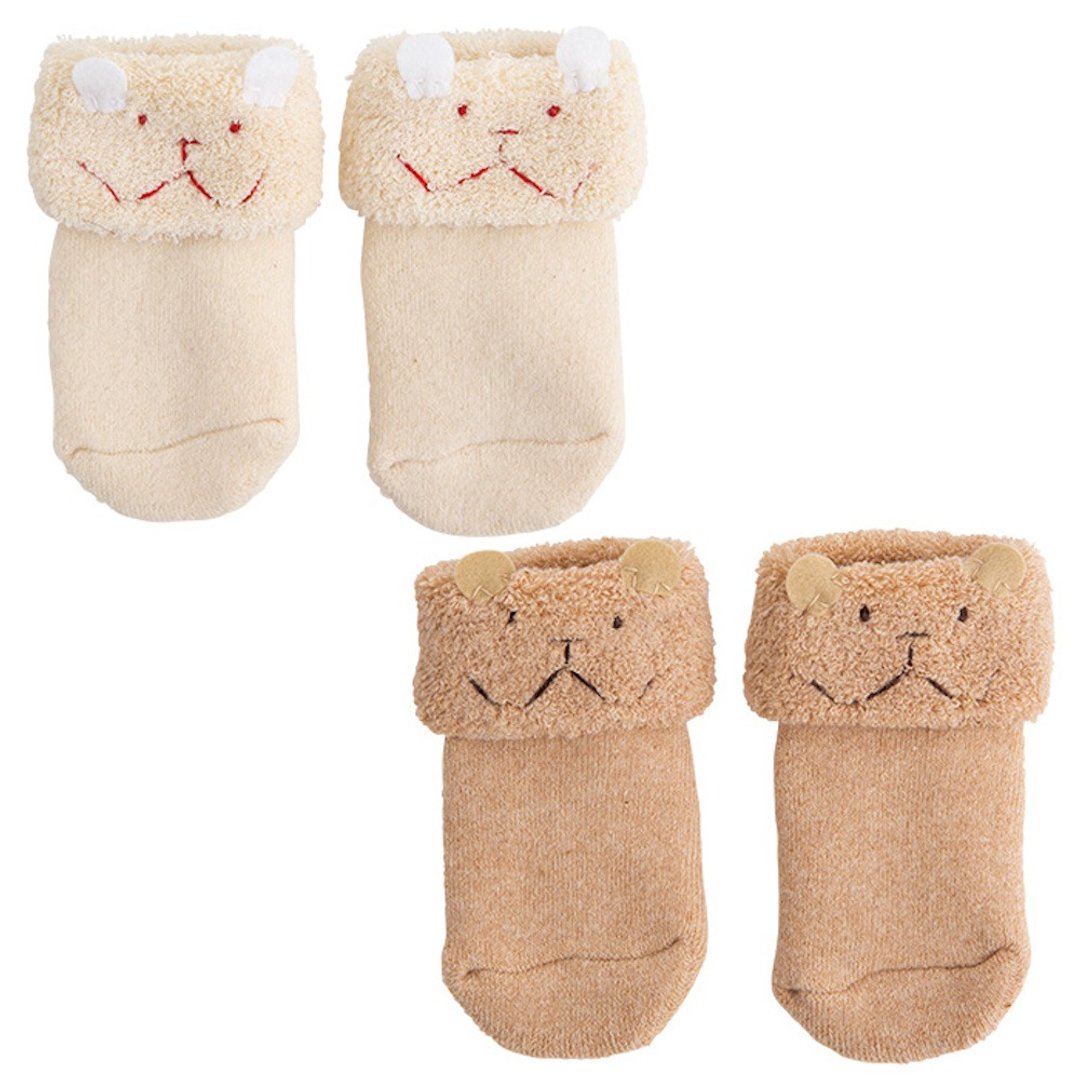 Y-1030 100% Organic Cotton Pile Socks Rabbit Bear Face Embroidery With Non-Slip Size 9-10cm One Size Made in Japan - 婴儿袜子 - 棉 白色