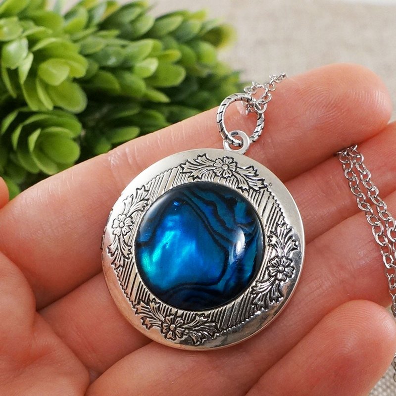 Ultramarine Blue Abalone Paua Shell Silver Photo Locket Pendant Necklace Jewelry - 项链 - 贝壳 蓝色