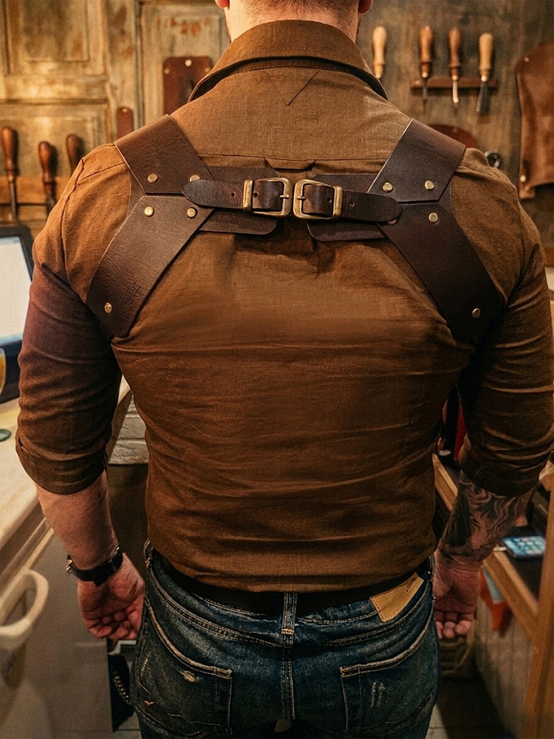 Leather handmade suspenders for mens, Handmade Suspenders, Braces, Wedding Groom - 皮带/腰带 - 真皮 黑色