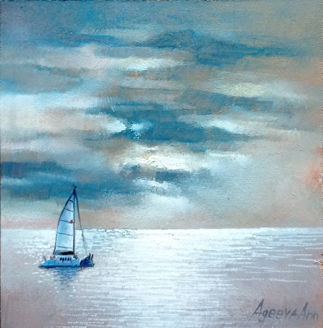帆船日落海景油画波原始艺术安娜 Ageeva - 海报/装饰画/版画 - 其他材质 多色