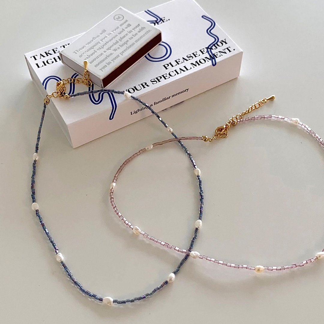 透光小方珠镶淡水珍珠 Beads Pearls Necklace - 项链 - 珍珠 多色