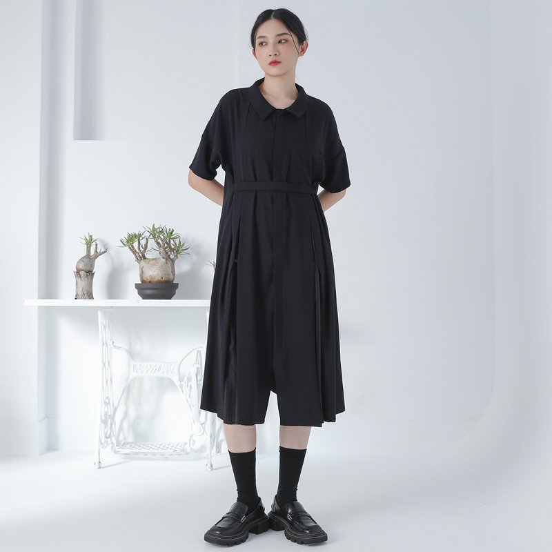Qingyue_青月造型百褶洋装_22SF102_黑 - 洋装/连衣裙 - 聚酯纤维 黑色