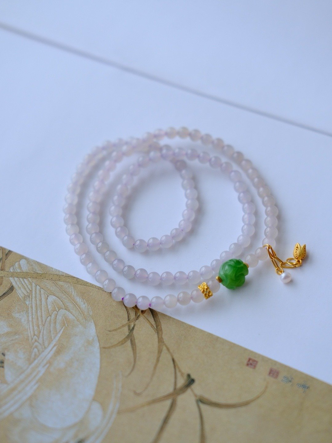 5mm 天然和田玉 /和阗玉 原矿冰烟紫玉 碧玉小花设计多圈手串想练 s - 手链/手环 - 宝石 紫色
