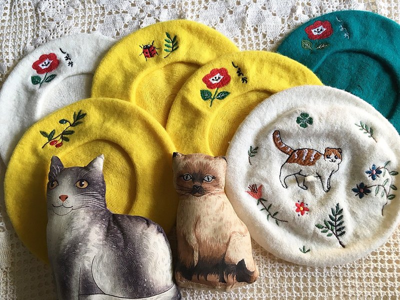 Embroidered Wool Beret - 帽子 - 羊毛 