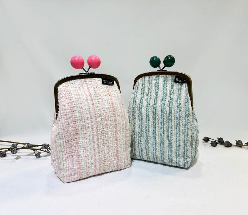 缎带粉绿线条 口金包 手拿包 侧背包 肩背包 随身包 化妆包 - 侧背包/斜挎包 - 棉．麻 多色