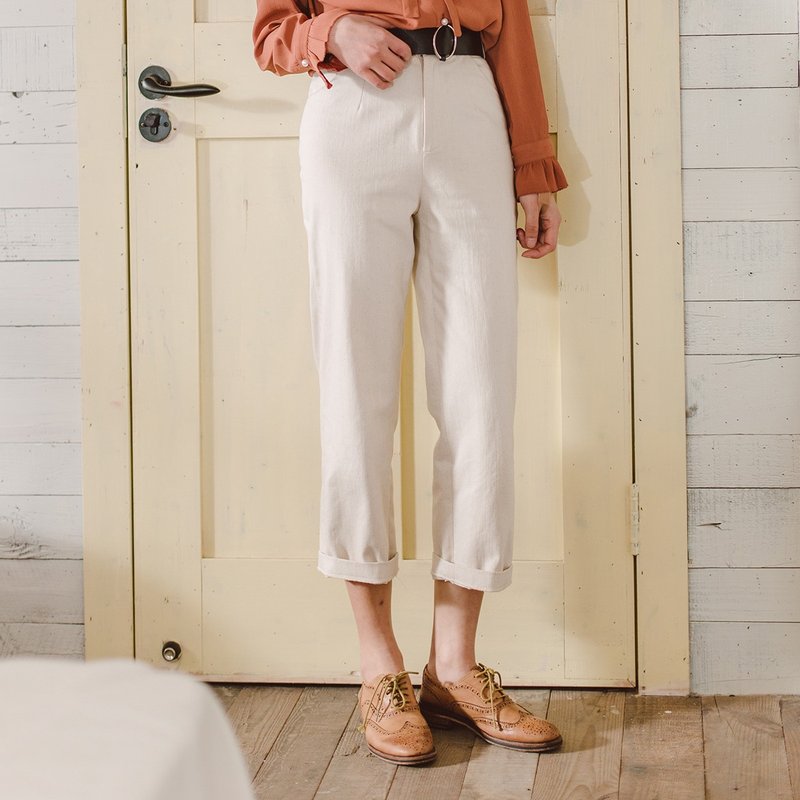 安妮陈2018春夏装新款女装裤子七分裤撞色腰带直筒裤 - 女装长裤 - 棉．麻 白色