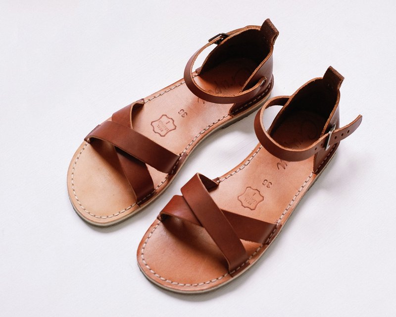 浅棕色女士凉鞋、夏季鞋、皮革凉鞋、女士凉鞋、夏季凉鞋 - 男女凉鞋 - 真皮 咖啡色