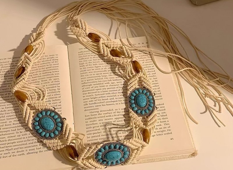 【绿松石腰链】 新中式復古藏族/波西米亚编织流苏腰带 - 皮带/腰带 - 其他材质 白色