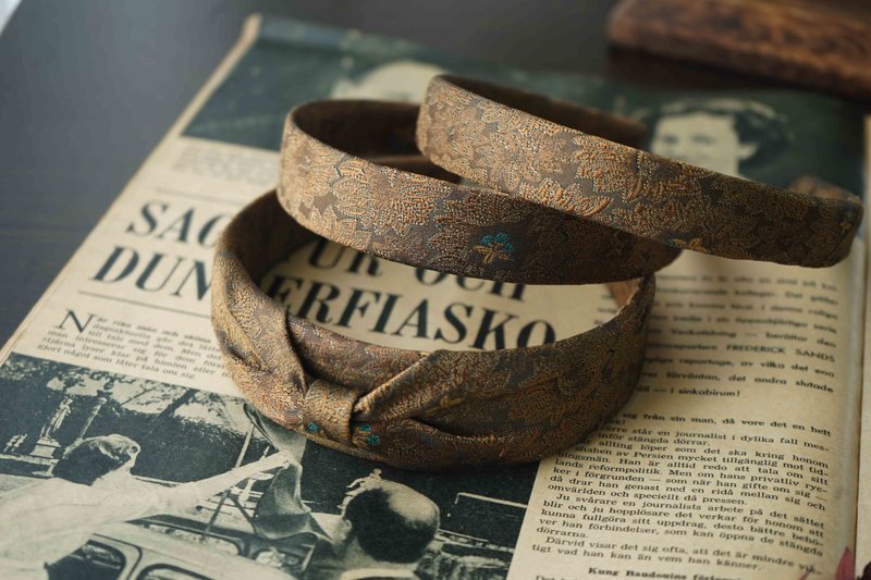 古董领带改制手工发箍YvesSaintLaurent-YSL黄铜-蝴蝶结/窄版 - 发带/发箍 - 丝．绢 金色