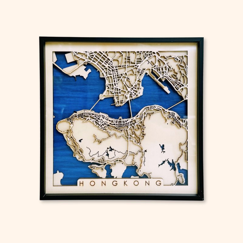 立体香港路线地图连金属框(方形) - 海报/装饰画/版画 - 木头 咖啡色