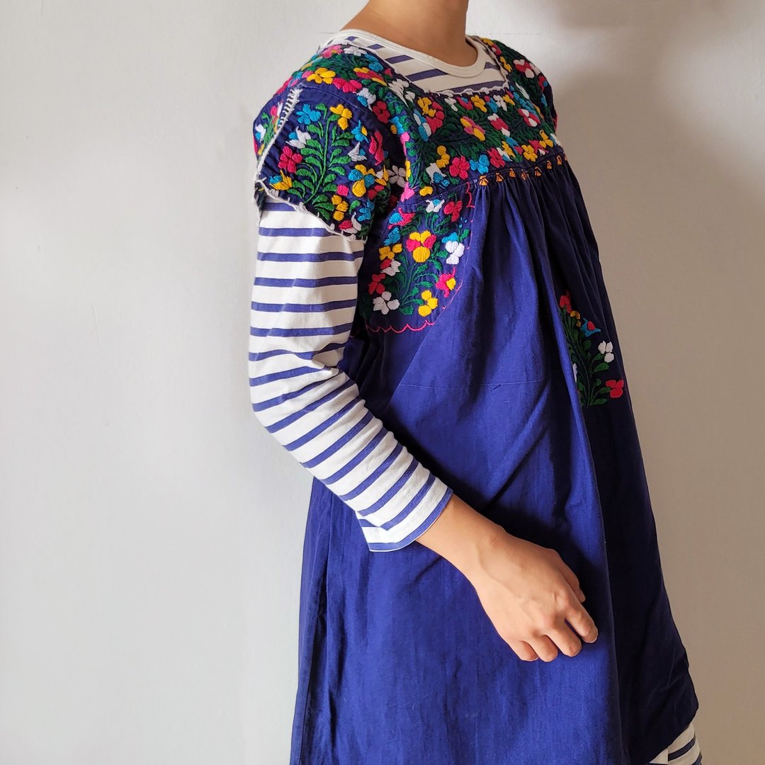 BajuTua /古着/ 墨西哥 Oaxaca 暗蓝手工刺绣上衣 - 女装背心 - 棉 蓝色
