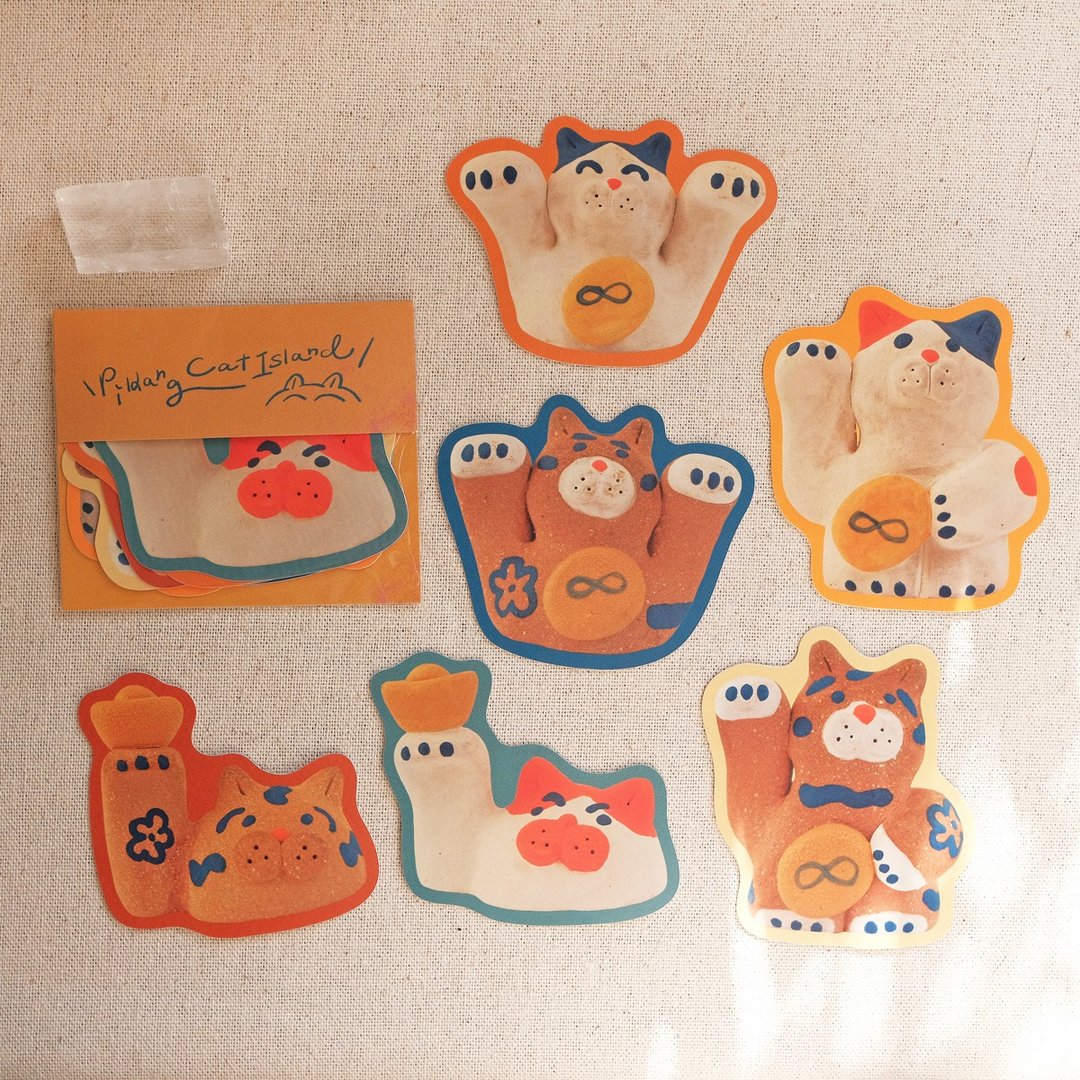 招财猫土偶贴纸组 / 6 张入 - 贴纸 - 塑料 多色