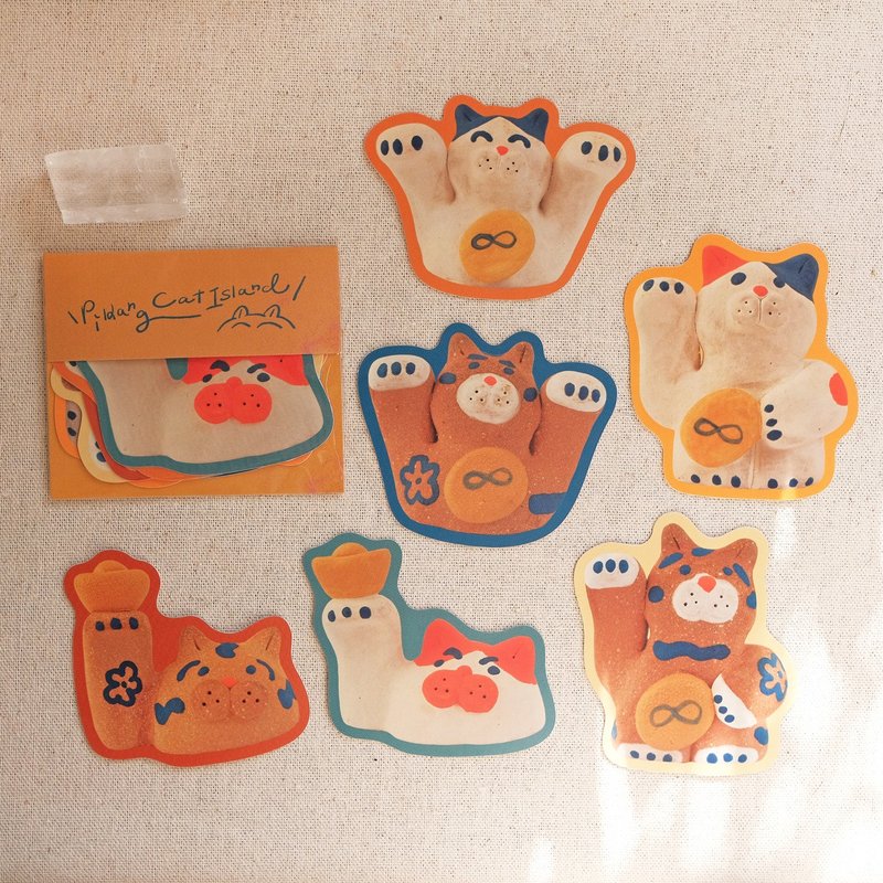 招财猫土偶贴纸组 / 6 张入 - 贴纸 - 塑料 多色