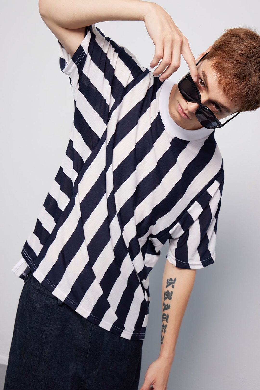 Stone as_ Printed T-shirts In Darkblue / 条纹拼接T恤 深蓝 - 男装上衣/T 恤 - 棉 蓝色