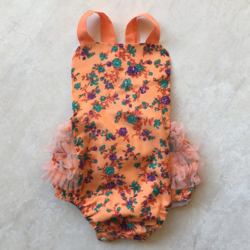 Baby Girls Ruffle Romper Onesie Overalls in Peach Flowers - 包屁衣/连体衣 - 棉．麻 橘色