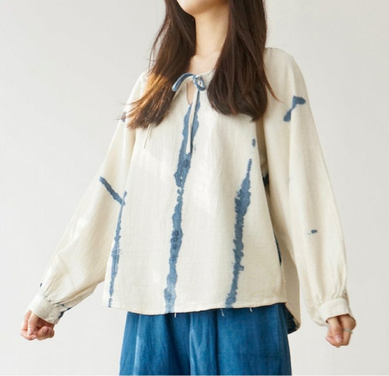【棉麻手工蓝染】圆领宽松长袖系带上衣 - 女装上衣 - 棉．麻 蓝色