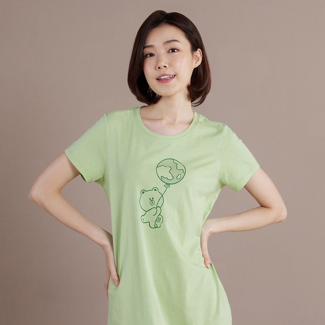 LINE FRIENDS | 熊大气球网印短袖洋装-若草绿 - 洋装/连衣裙 - 棉 绿色