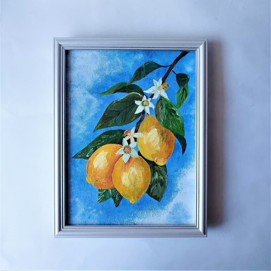柠檬是一件艺术品。柠檬树原画。带有水果画的厨房墙壁装饰 - 墙贴/壁贴 - 压克力 多色