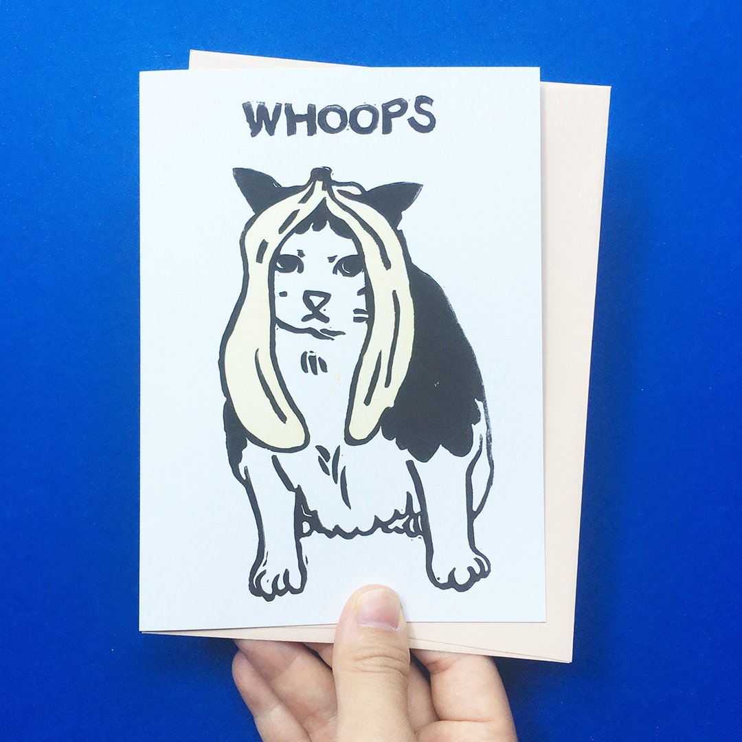 Hand-printed greeting card - Whoops Oops banana cat meme - 卡片/明信片 - 纸 