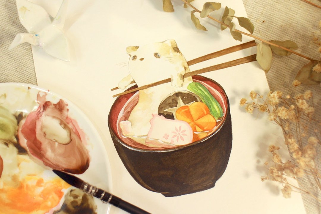 水彩料理插画课 || 暖呼呼喵年糕 - 插画/绘画/写字 - 纸 
