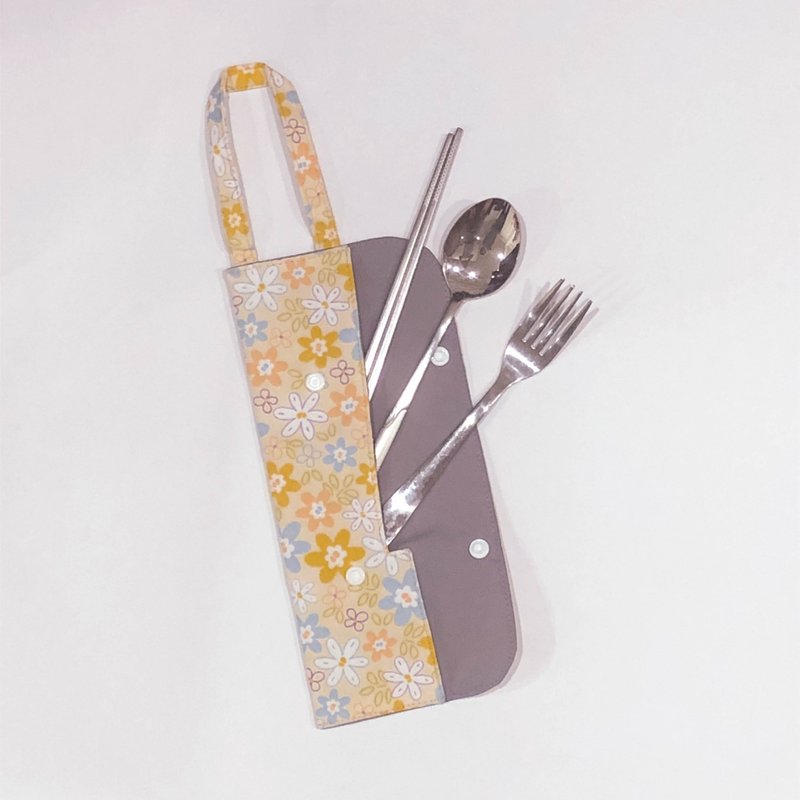 提把环保餐具套 - 浅黄可爱小花 - 筷子/筷架 - 棉．麻 多色