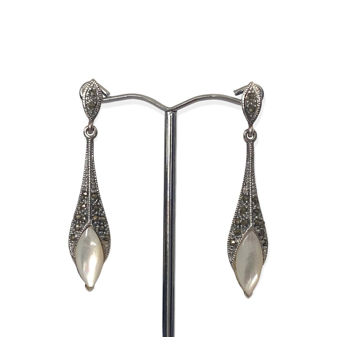 Art Deco Style Long Drop Earrings Mother of Pearl&Marcasite 925 Sterling Silver - 耳环/耳夹 - 纯银 白色