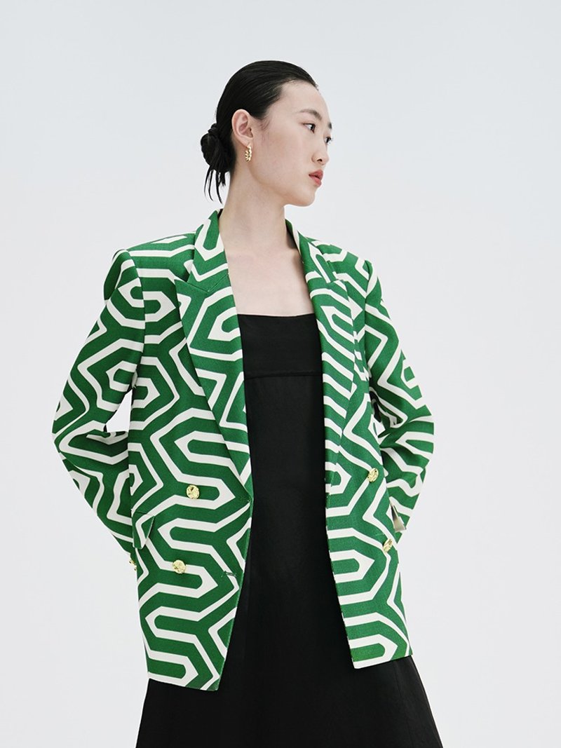 【条纹】新中式复古中国风 醋酸印花/西装外套 - 女装西装外套/风衣 - 其他材质 绿色