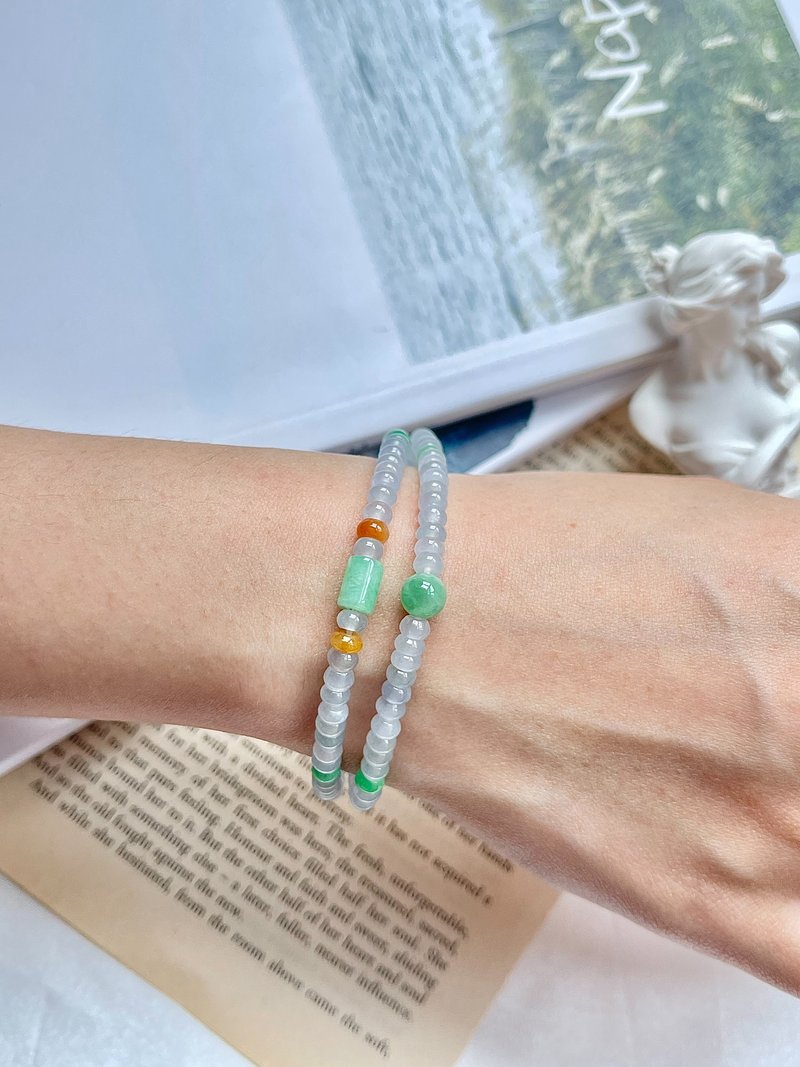 缅甸玉A货翡翠- 高冰种紫罗兰起胶配阳绿翡翠圆珠算盘珠手串 手链 - 手链/手环 - 玉石 紫色