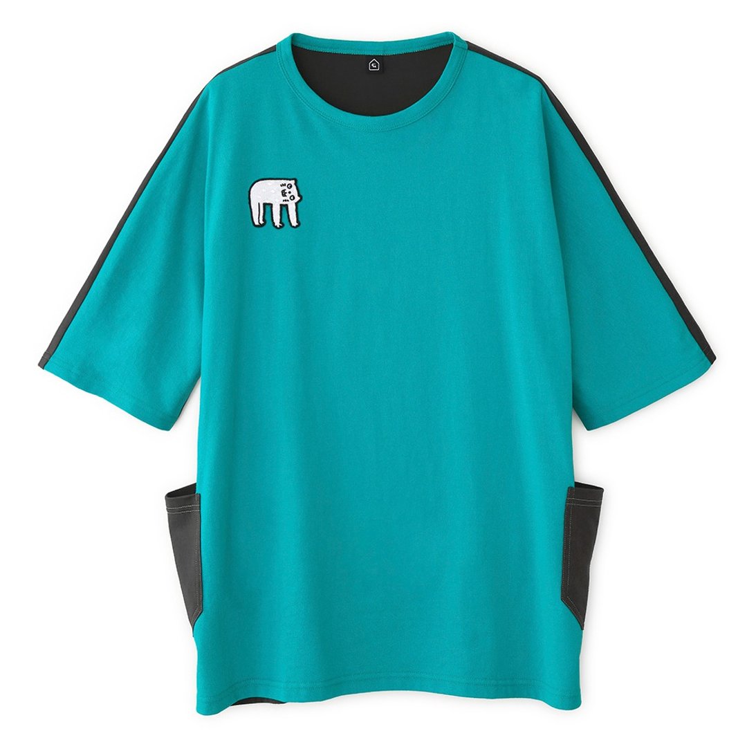 【Off-season sale】点点猫。中性款宽版拼接上衣 / 双色款 - 中性连帽卫衣/T 恤 - 棉 绿色