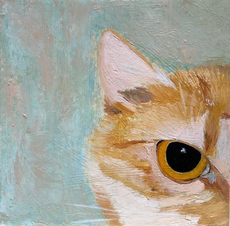 Cats eye original oil painting wall art home animal portrait - 墙贴/壁贴 - 其他材质 橘色