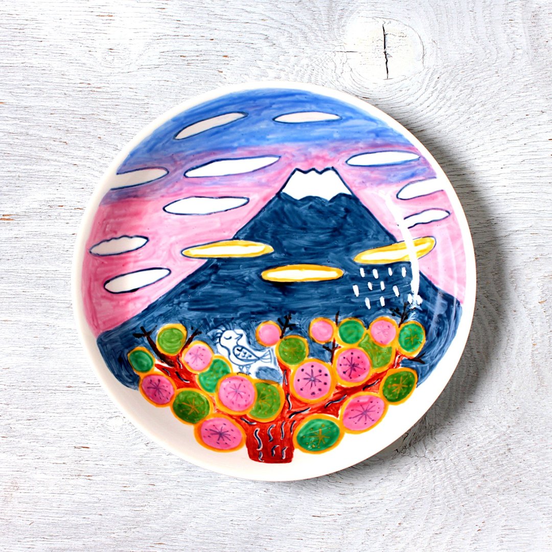 Flower bloom plum flowers and Mt. Fuji · a deep dish - 浅碟/小碟子 - 瓷 橘色