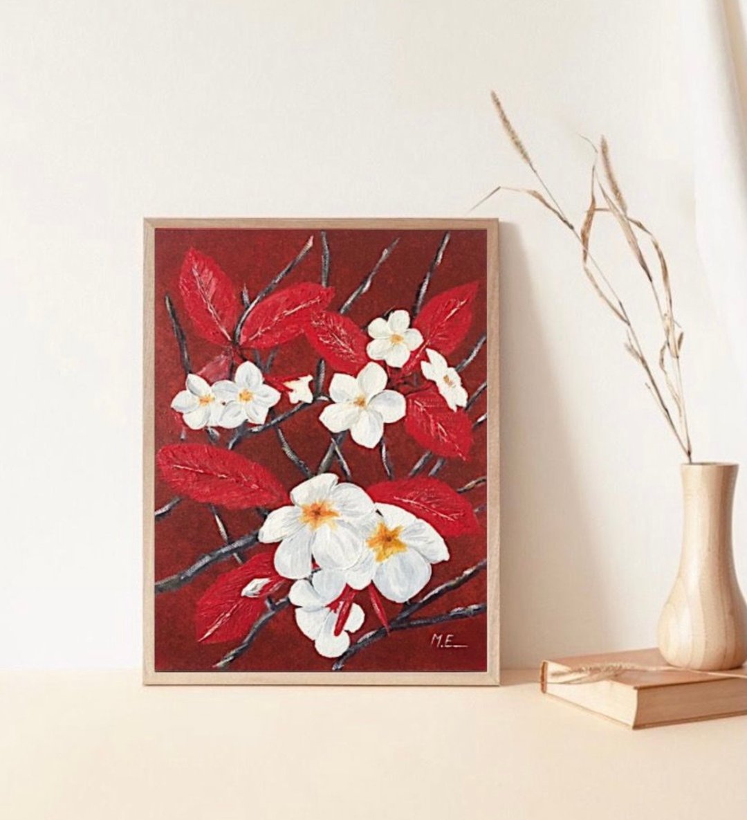素馨花花原画亚洲花卉室内装饰抽象花卉巴厘岛艺术 - 墙贴/壁贴 - 其他材质 红色