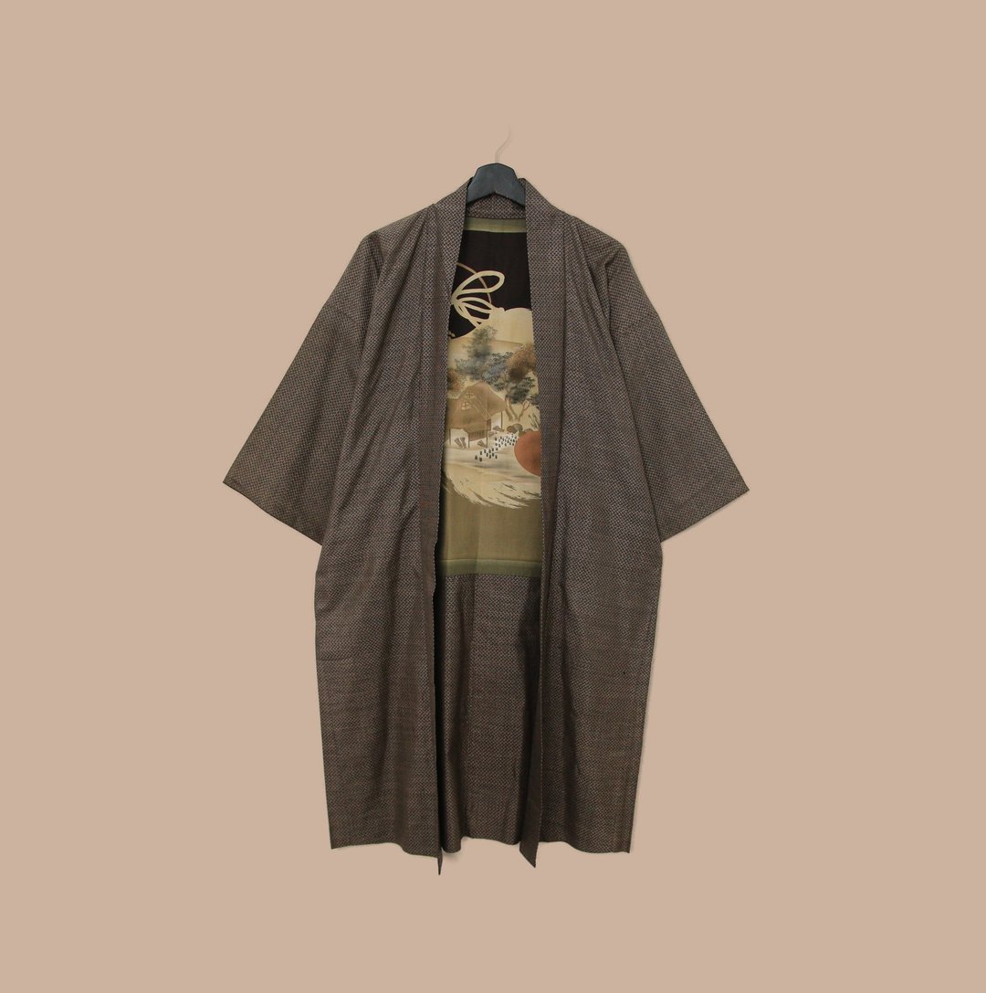 Back to Green-日本带回羽织 林中木屋 柿 M-41/vintage kimono - 女装休闲/机能外套 - 丝．绢 