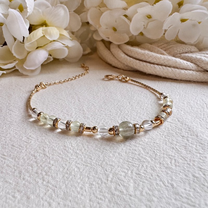 处女座水晶手链手环 | 绿发晶 葡萄石 白水晶 | 十二星座守护石 - 手链/手环 - 宝石 绿色