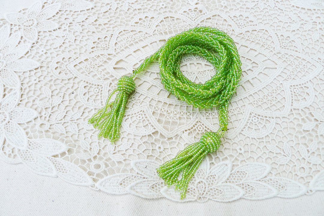 Vintage Handmade Beaded Braided Rope Style with Tassel Ends Belt - 皮带/腰带 - 塑料 绿色