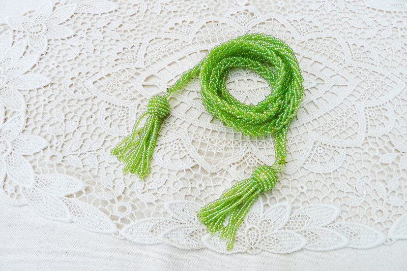 Vintage Handmade Beaded Braided Rope Style with Tassel Ends Belt - 皮带/腰带 - 塑料 绿色
