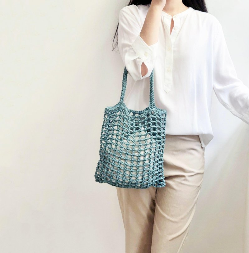 轻巧方格台湾手工钩织包 /多色可订制 棉 篓空编织包肩背手提袋 - 侧背包/斜挎包 - 棉．麻 蓝色