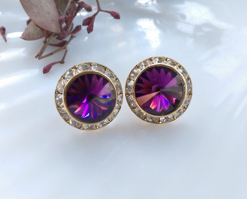 Vintage Jewelry 西洋古董饰品 飞碟石 深紫 针式耳环 - 耳环/耳夹 - 其他金属 金色