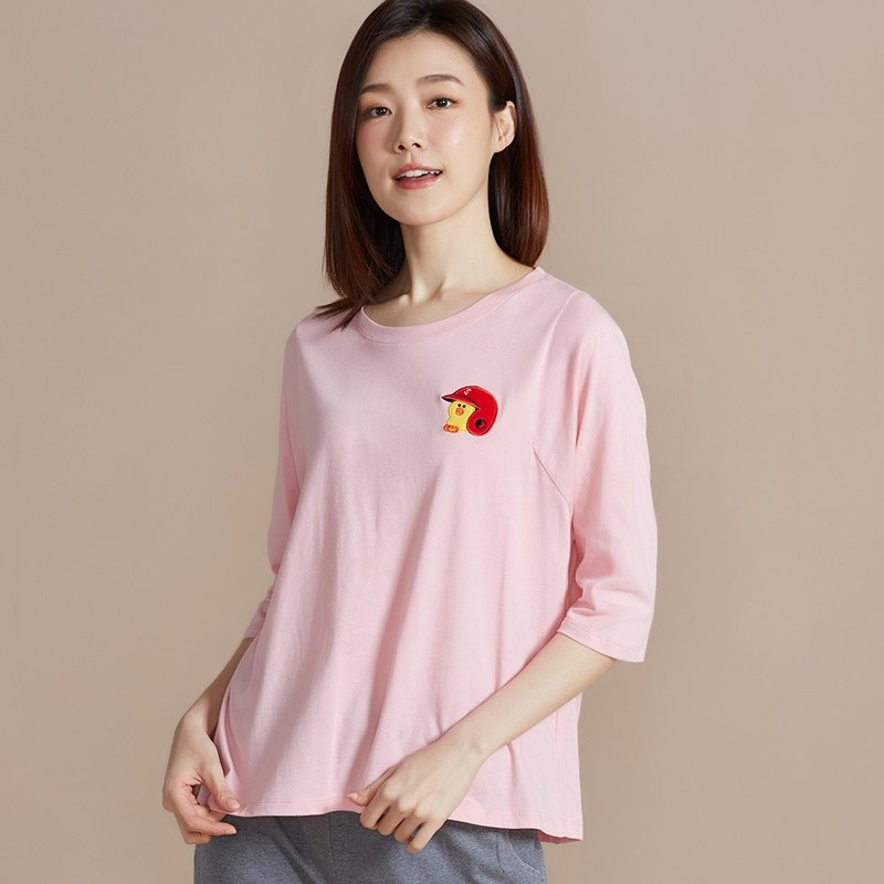 LINE FRIENDS | 莎莉棒球绣花七分袖上衣 - 女装上衣 - 棉．麻 粉红色