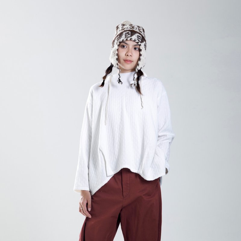 开洞连帽罗纹领织纹上衣 - 女装上衣 - 棉．麻 白色