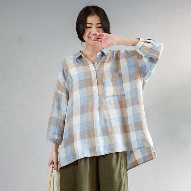 棉麻配色格纹衬衫 浅蓝 F - 女装上衣 - 棉．麻 蓝色