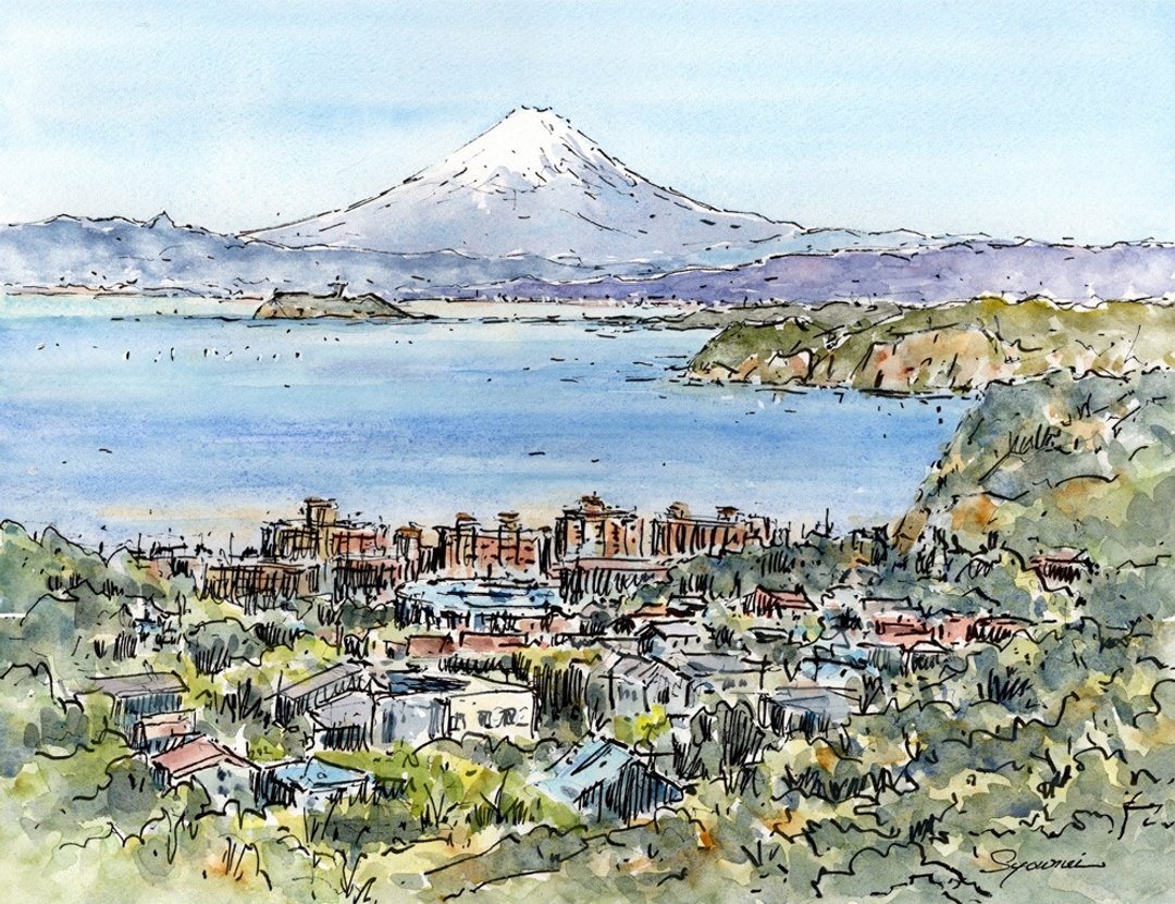 水彩画原画 披露山からの富士山 - 海报/装饰画/版画 - 纸 蓝色