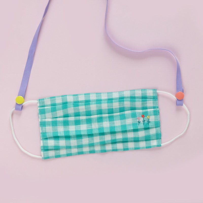 Green Gingham Linen Mask with Neck Strap - Hand Embroidered Tulip - 口罩 - 棉．麻 绿色
