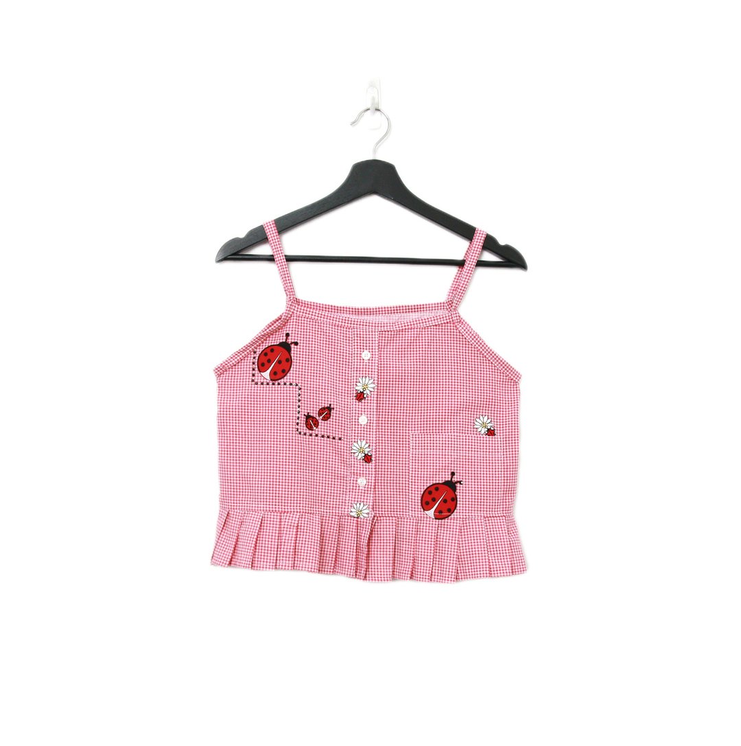 Back to Green-再制刺绣背心 红白格纹 瓢虫  sv-23/vintage vest - 女装背心 - 棉．麻 