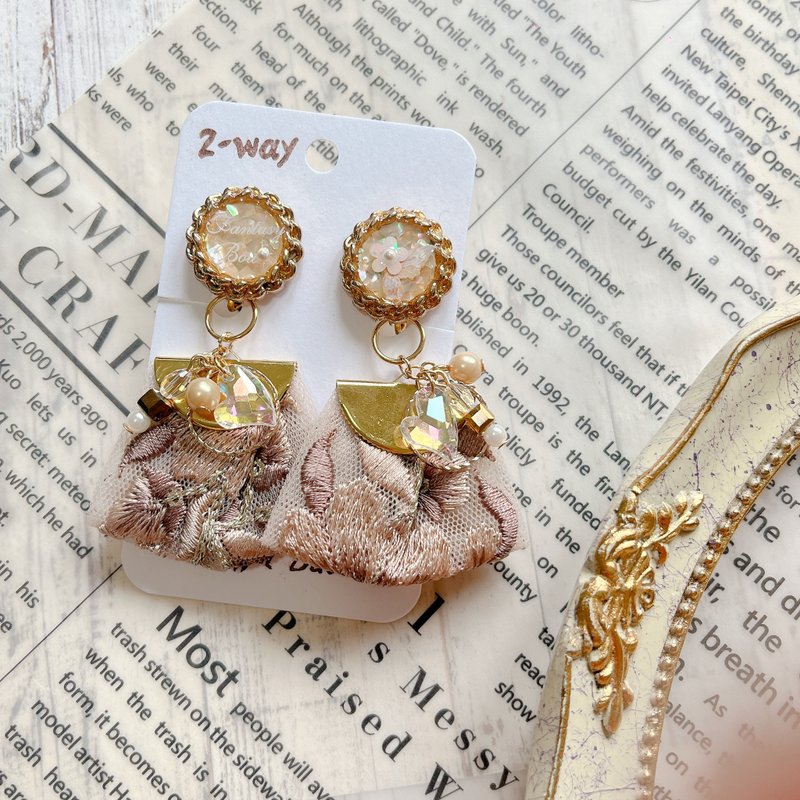 wow handmade 午后时光 刺绣缎带 复古钮扣耳环 2way设计 - 耳环/耳夹 - 其他材质 