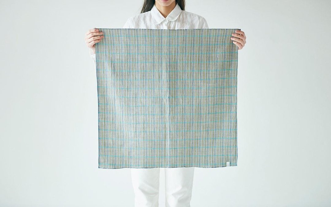 Linen cotton dyed check squared cloth khaki × blue - 其他 - 棉 绿色