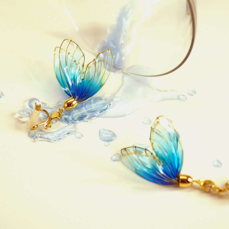 接单订制 / 夏祭金鱼梦 / 蓝色鱼尾 - 耳环/耳夹 - 塑料 蓝色