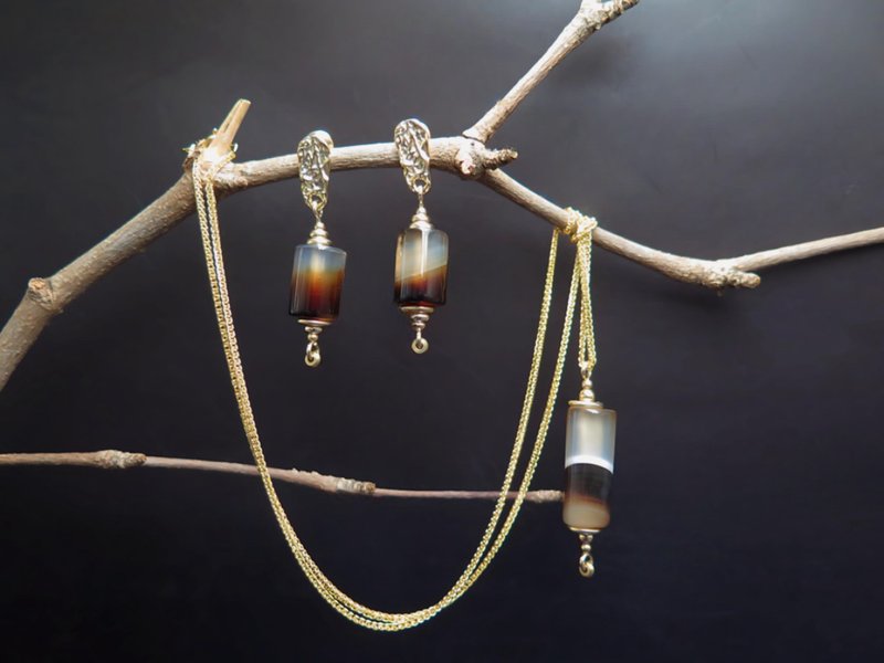 【母亲节礼物】 COLE COOL简约纯银玛瑙耳环 独一无二的礼物 - 耳环/耳夹 - 半宝石 咖啡色