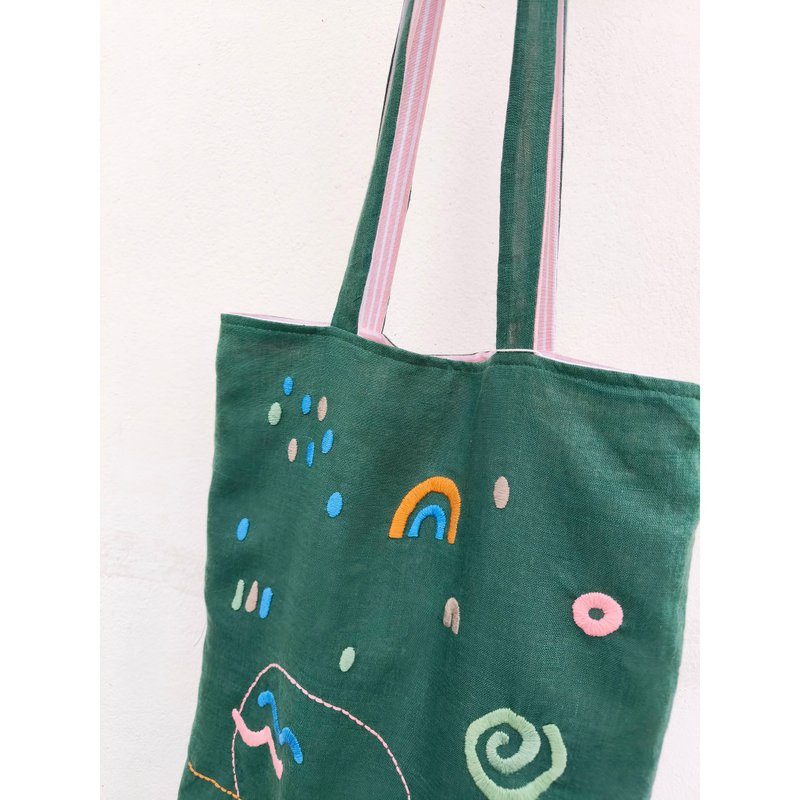 刺绣 | 亚麻 | 深绿色斜背包 - 其他 - 棉．麻 绿色