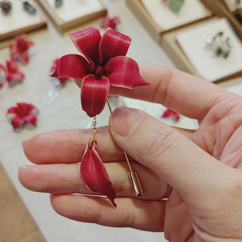 皮革工艺 小红花 曼陀罗花 胸针 发叉 - 胸针 - 真皮 红色